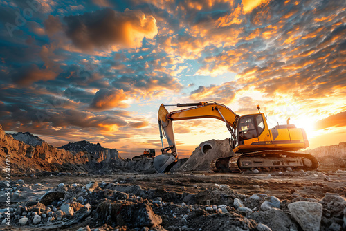Excavator Working on Earthworks at Sunset. A single excavator operates amidst earthworks against the backdrop of a vibrant sunset sky. photo