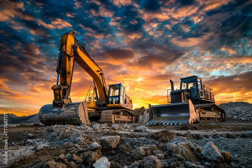 Industrial Giants at Twilight.  An excavator and bulldozer against the backdrop of a fiery twilight sky.