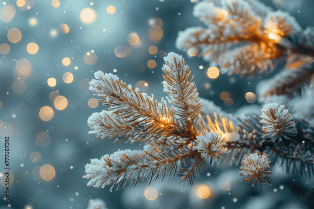 Winter Wonderland: Frost-Covered Pine Branches Under Soft Lights. Winter Wonderland: Frost-Covered Pine Branches Under Soft Lights.
