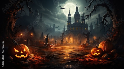 Halloween background with haunted castle and pumpkins,