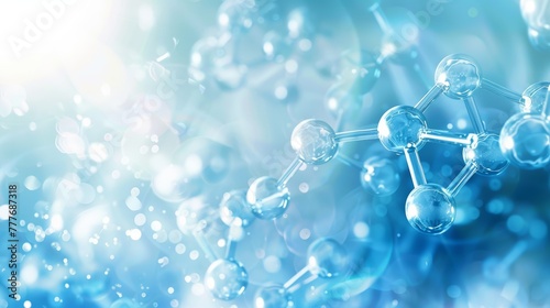 rendered molecules on a blue bokeh background. Chemistry and science concept