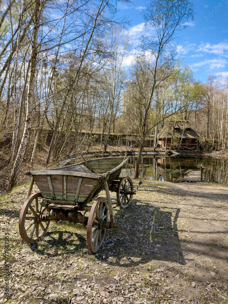 Old wooden cart. Early spring landscape.