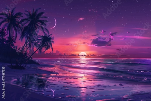 Sunset Painting on Beach With Palm Trees