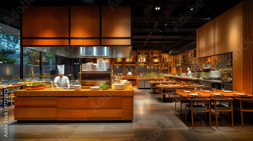 Modern Restaurant Interior with Open Kitchen Design