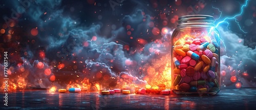 Colorful pills and lightning Imagine lightning striking a jar filled with vibrant pills, illuminating them