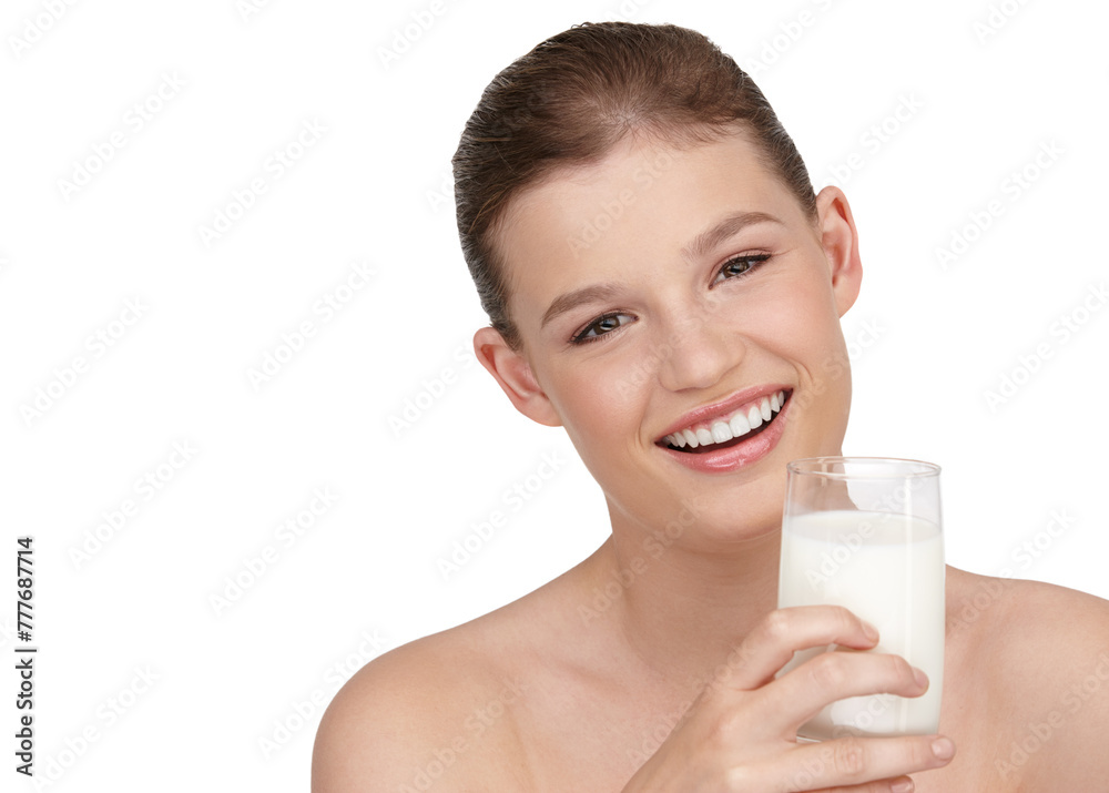 Portrait, woman and healthy diet by drinking milk in studio for calcium, nutrition and protein with detox benefits. Smile, female person and dairy product smoothie with natural vitamins for wellness