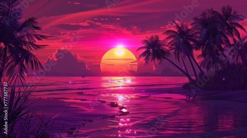 Sunset Over Ocean With Palm Trees
