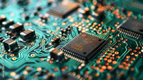Macro shot of electronic circuit board. Technology and computing concept. Close-up of microchip and electronic components.