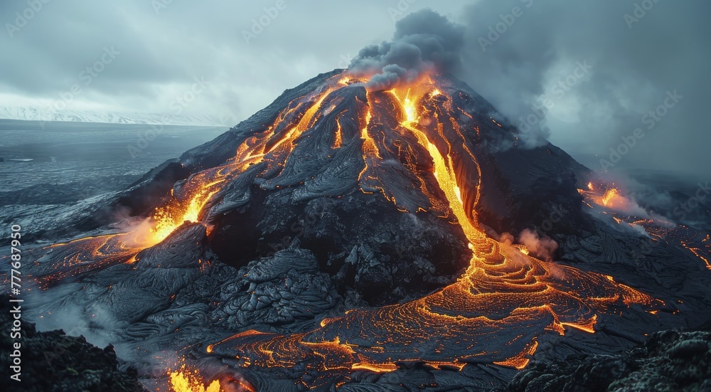 Dramatic Scene of a Volcanic Eruption with Glowing Lava Flows.