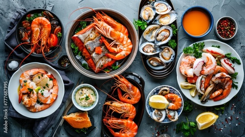 Lavish seafood banquet spread on a modern dark surface. Luxury dining concept
