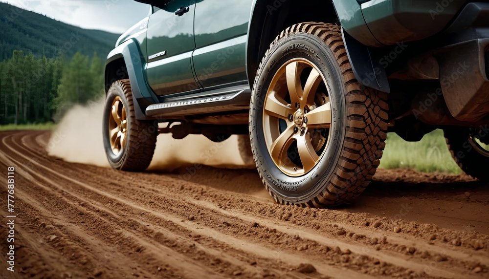 Naklejka premium A blue truck is driving on a dirt road with a lot of dust. The tires are black and the truck is leaving a trail of dust behind it.