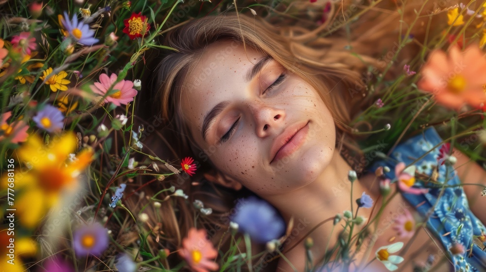 Young woman lying in a field of wildflowers. Close-up, high-detail portrait. Natural beauty and summer concept.