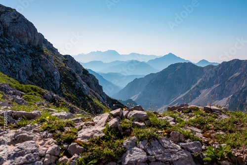 Scenic view of mountain peak Grintovec in majestic Kamnik-Savinja Alps, Slovenia, Europe. Magnificent Hiking trail on Loibl Pass in untamed Karawanks, Austrian border. Magical mountains Slovenian Alps