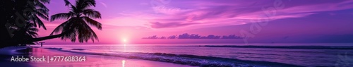 Purple Sunset on Tropical Beach With Palm Trees