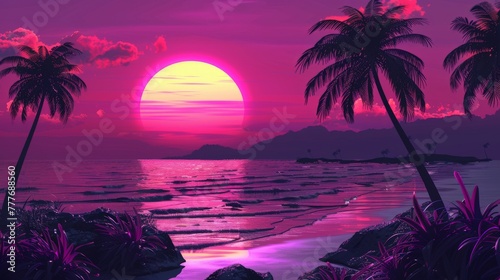 Sunset Over Ocean With Palm Trees © BrandwayArt
