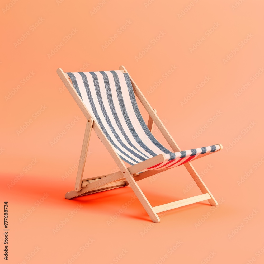 Beach chair with light blue and white stripes on coral background. Studio shot with copy space