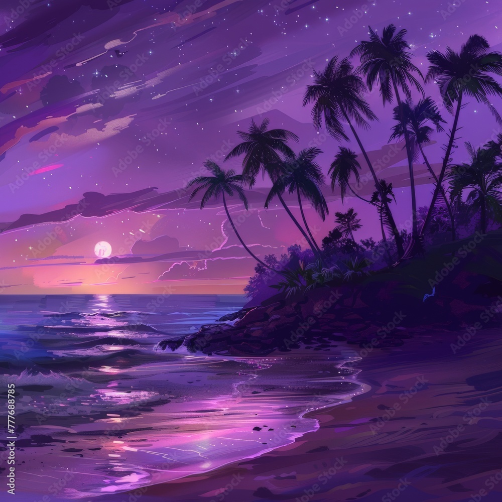 A Painting of a Beach at Night With Palm Trees