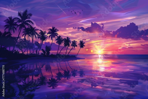 Tropical Sunset Painting With Palm Trees © BrandwayArt