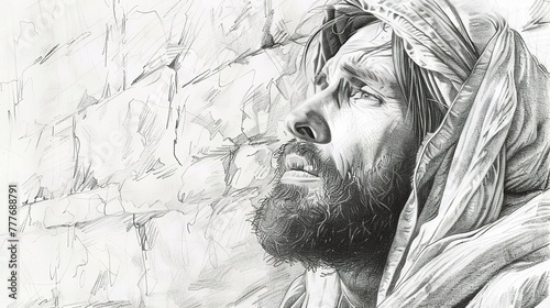 A sketch of Jesus looking at Jerusalem with compassion and sadness. A pencil shading sketch with expression of Jesus Christ expressing emotion and sadness.