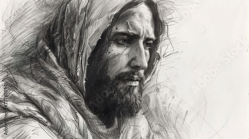 A sketch of Jesus looking at Jerusalem with compassion and sadness. A pencil shading sketch with expression of Jesus Christ expressing emotion and sadness.