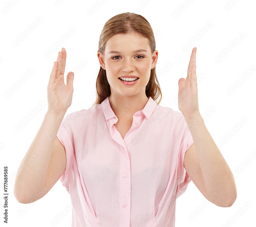 Portrait, studio and big scale shown with hands, isolated and on white background for adverting, review, and marketing. Woman, box shape and large space for announcement, discount and promotion. Portrait, studio and big scale shown with hands, isolated and on white background for adverting, review, and marketing. Woman, box shape and large space for announcement, discount and promotion.