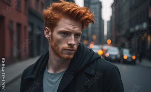 Portrait of a beautiful male red-haired model, a ginger model with a face of beauty and red hair, noir, contrast, color paint, multiple colors, city at background , detailed