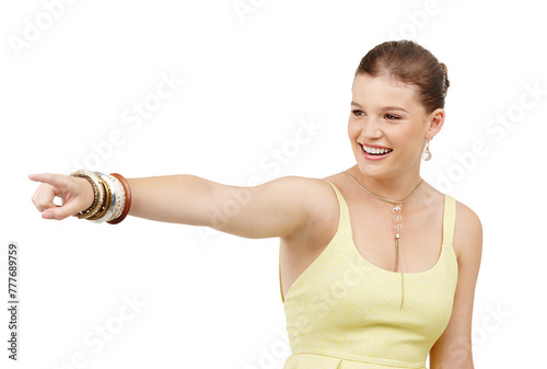 Woman, happy and pointing for choice in studio, option and selection on white background. Excited female person, direction and smile for opportunity or decision, gesture and mockup space for offer