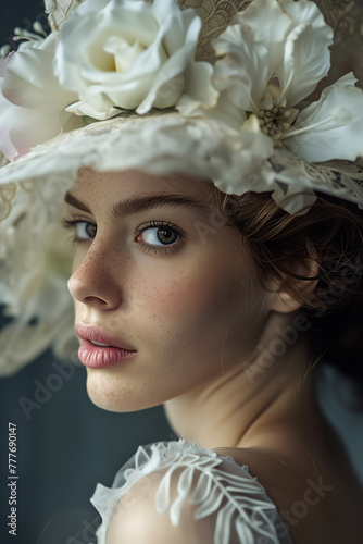 Woman in vintage hat adorned with white flowers. Portrait photography with soft lighting and romantic atmosphere. Beauty and fashion concept for design and print