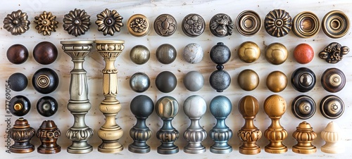 Variety of furniture handles, from floral to classic shapes. Assorted metal knobs and pulls for customization. Concept of luxury home furnishings, cabinet detailing, and decorative hardware choices.