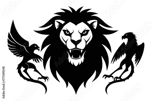 Logo featuring a combination of a lion, spider, and crow 