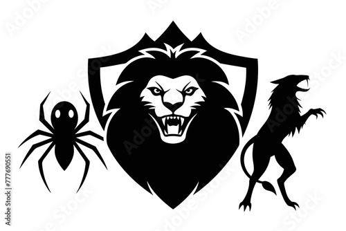 Logo featuring a combination of a lion, spider, and crow 