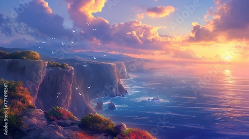 Seaside cliffs at sunset, ocean below, birds flying, warm glow, panoramic view, tranquil, golden hour. photo