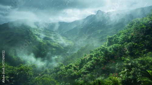 Rainforest-covered hills after rain, lush greens, mist rising, macro view, vibrant life, wet surfaces.