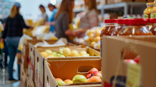 Donation boxes with sorted groceries at food bank with volunteers in background photo