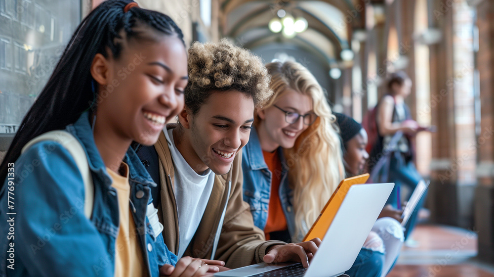 Group of happy college friends using laptop while studying in hallway
Group of happy college friends using laptop while studying in hallway