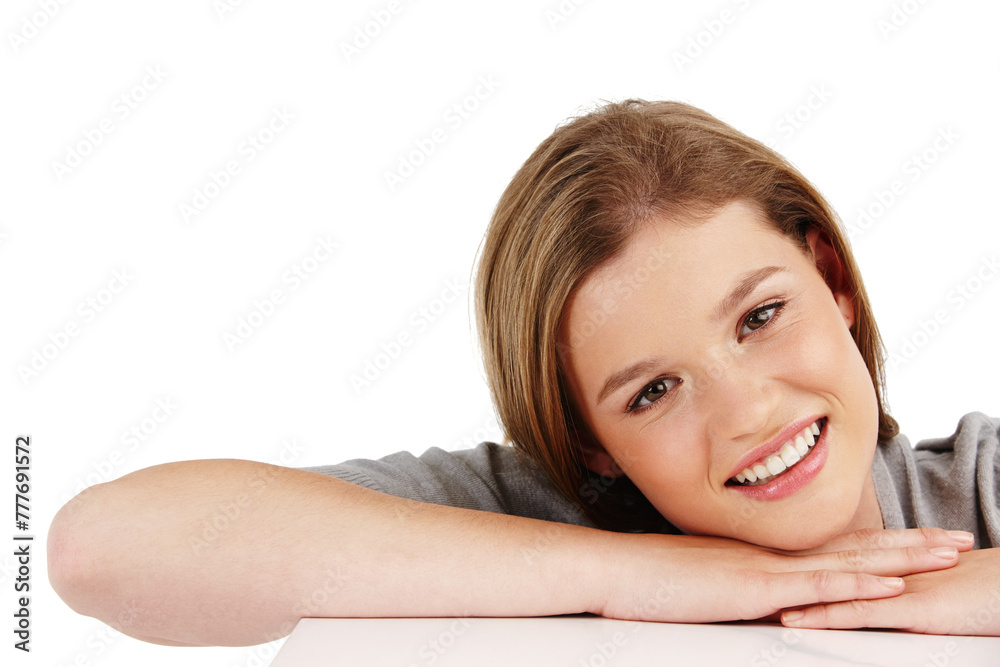 Woman, smile and portrait for comfort, break and happy for relax for weekend on white background. Model or young person and isolated in studio for unwind with free time and alone on mockup Woman, smile and portrait for comfort, break and happy for relax for weekend on white background. Model or young person and isolated in studio for unwind with free time and alone on mockup