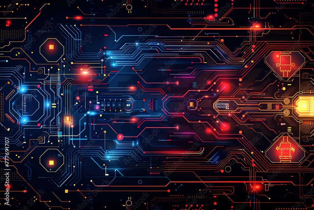 A flat background with simple geometric shapes in blue, yellow, and red colors, representing technology and innovation A flat background with simple geometric shapes in blue, yellow, and red colors, representing technology and innovation