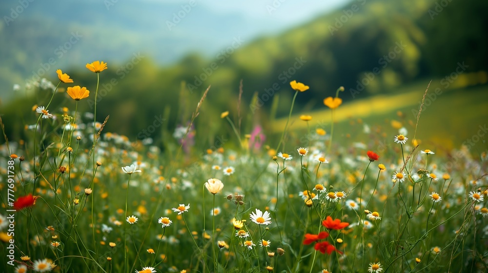 Fototapeta premium Green hill with wildflowers, sunny day, close-up on flowers, vibrant and lively, high saturation.