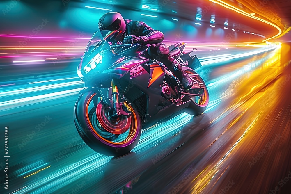 A neon-colored motorcycle is speeding down a road. The bright colors and the motion blur of the image create a sense of excitement and energy