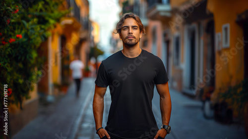 Shirt mockup young model boy wearing black t-shirt on street, daylight, template design print male guy casual t-shirt