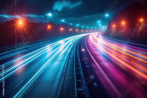 A highway with a bright blue and purple light show