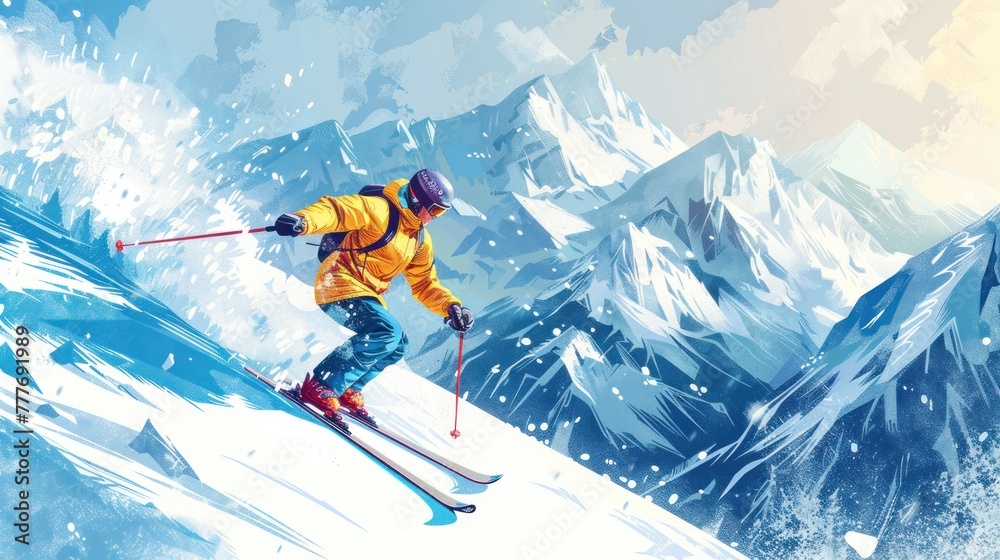 Skier action down at a winter snowy mountain. Generated AI image