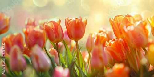 Colorful tulips in bloom. Spring flowers in the garden. Bokeh background. #777691922