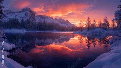 Alpine landscape, sunset, vivid colors reflected on snow, panoramic view, crystal clear, dynamic range.