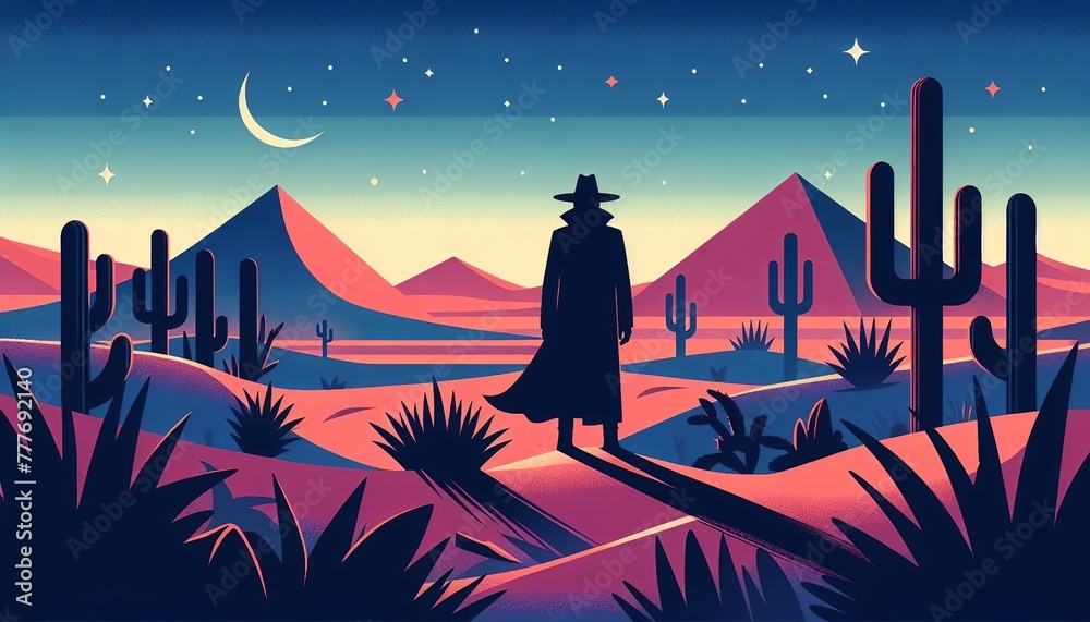Fototapeta premium Man in Cloak and Hat Amidst Desert Night. A silhouette of a man in a cloak and hat stands in a desert under a moonlit starry sky.