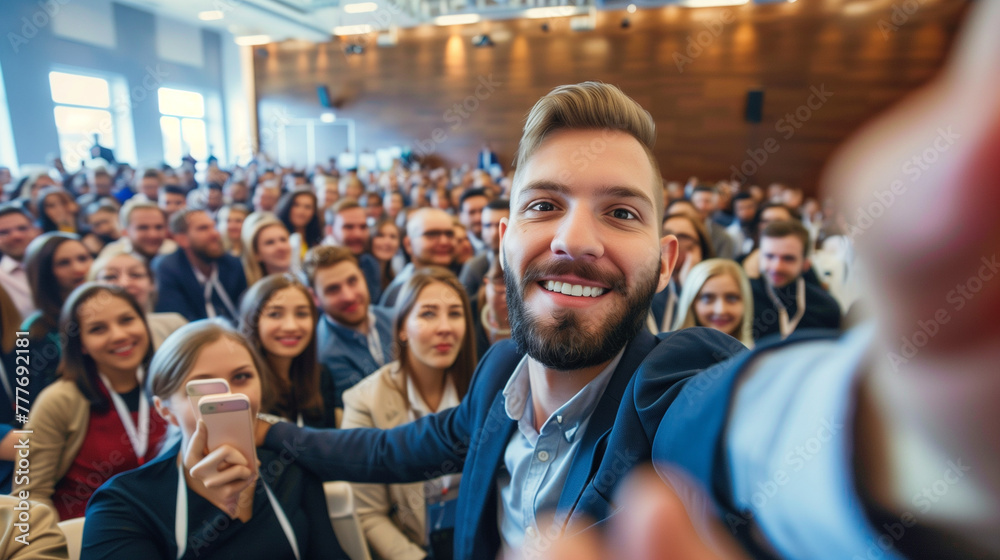 Happy business people taking selfie while attending seminar in conference hall.: Happy business people taking selfie while attending seminar in conference hall.: