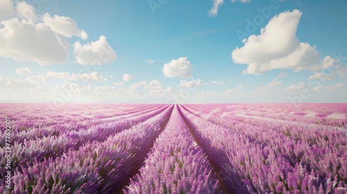 An expansive field of lavender under a clear blue sky, with the rows of purple plants stretching towards the horizon. The composition emphasizes the vastness of the agricultural landscape.