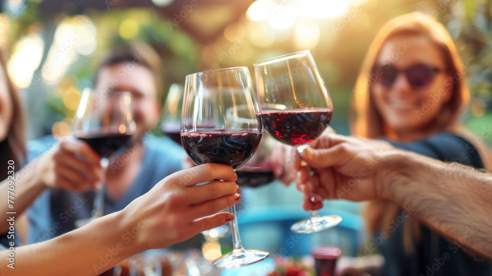 Happy friends toasting red wine glasses outside - Group of young people having bbq dinner party in backyard house - Winery and bbq dining concept with guys and girls cheering alcohol together
Happy friends toasting red wine glasses outside - Group of young people having bbq dinner party in backyard house - Winery and bbq dining concept with guys and girls cheering alcohol together