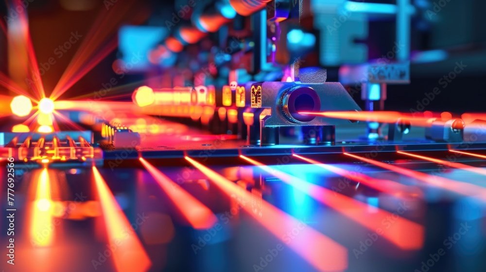 close-up of an optical switch in action, with light beams being redirected to different outputs
