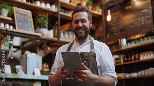 Happy waiter using digital tablet while working in cafe and looking at camera